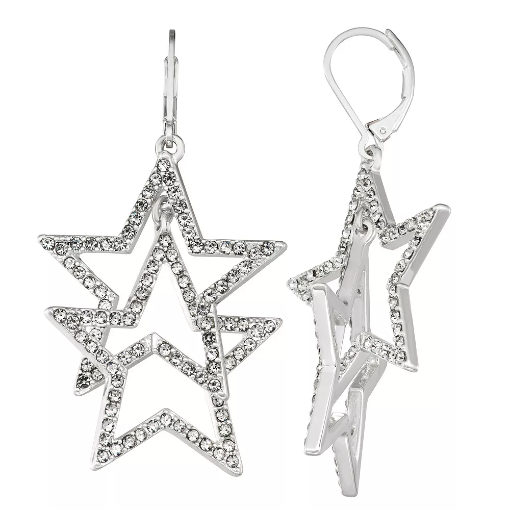 Nine West Silver Tone & Simulated Crystal Double Star Drop Earrings 3 Nine West Silver Tone & Simulated Crystal Double Star Drop Earrings