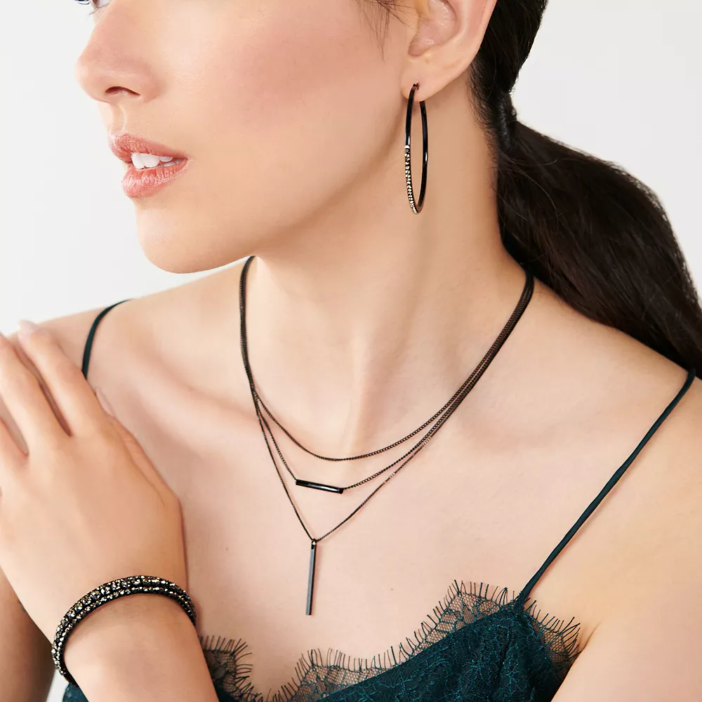 Nine West Black Tone & Simulated Crystal Hoop Earrings 5 Nine West Black Tone & Simulated Crystal Hoop Earrings - Image 3