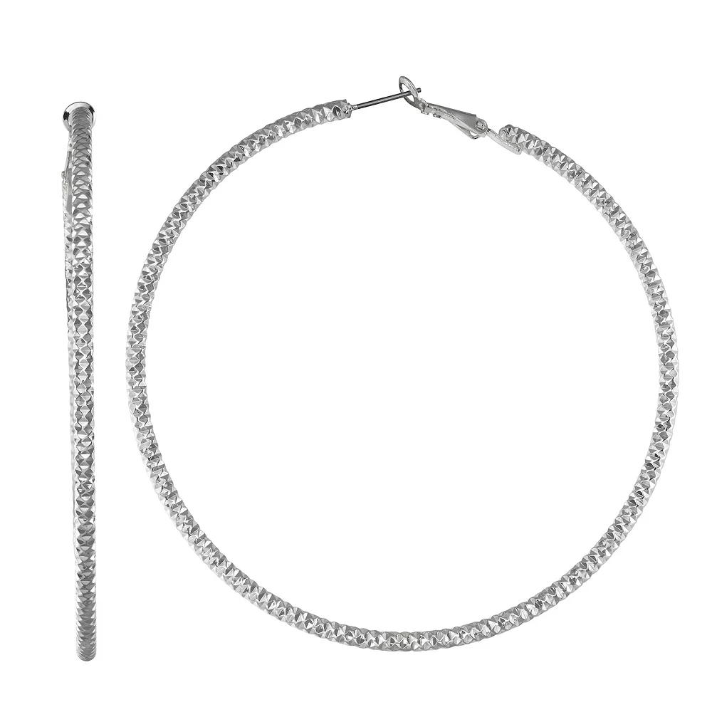 Nine West Silver Tone Textured Large Hoop Earrings 3 Nine West Silver Tone Textured Large Hoop Earrings