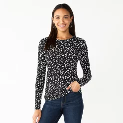 Women's Nine West Essential Soft-Spun Long Sleeve Crewneck Tee -Nine West shop 4994081 Black Animal
