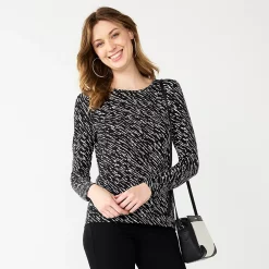 Women's Nine West Essential Soft-Spun Long Sleeve Crewneck Tee -Nine West shop 4994081 Black Wood Diagonal