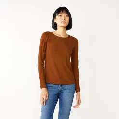 Women's Nine West Essential Soft-Spun Long Sleeve Crewneck Tee -Nine West shop 4994081 Brown Brick Rib