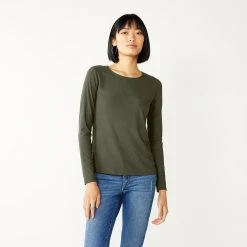 Women's Nine West Essential Soft-Spun Long Sleeve Crewneck Tee -Nine West shop 4994081 Infantry Olive Rib