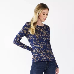 Women's Nine West Essential Soft-Spun Long Sleeve Crewneck Tee -Nine West shop 4994081 Navy Vine Floral