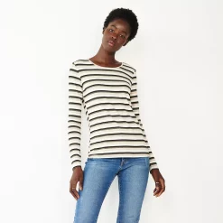 Women's Nine West Essential Soft-Spun Long Sleeve Crewneck Tee -Nine West shop 4994081 Neutral Glitter Stripe