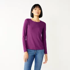 Women's Nine West Essential Soft-Spun Long Sleeve Crewneck Tee -Nine West shop 4994081 Pansy Plum Rib