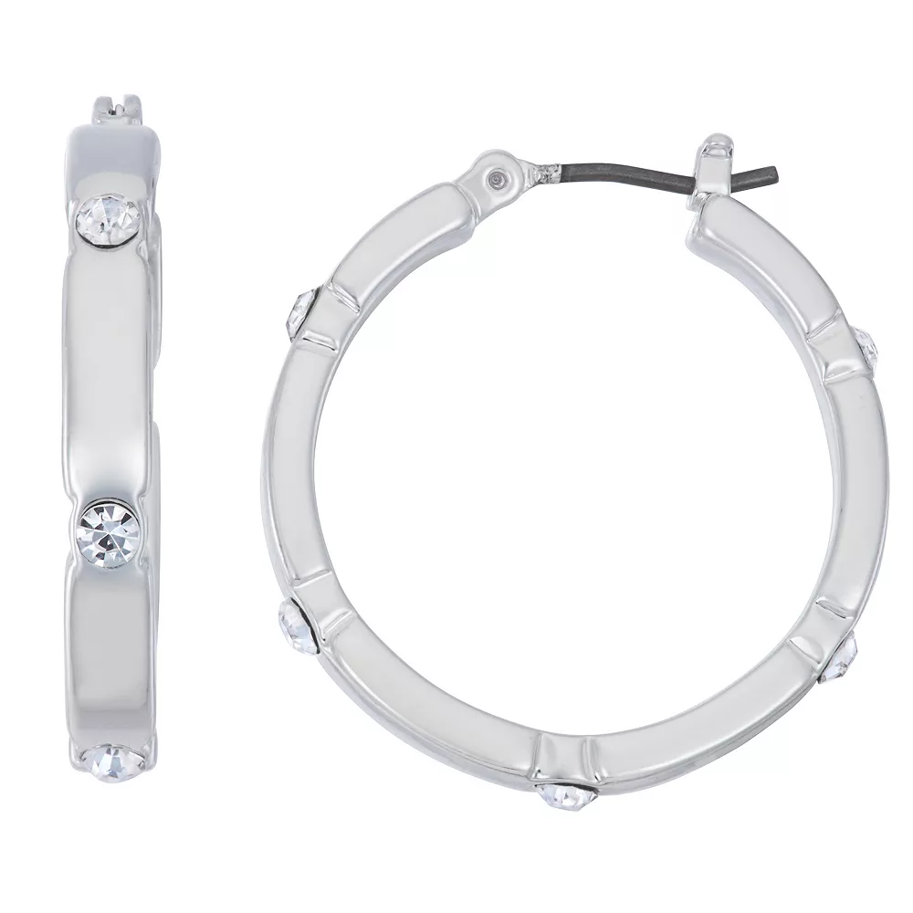 Nine West Silver Tone Small Hoop Earrings with Simulated Crystal Accents 3 Nine West Silver Tone Small Hoop Earrings with Simulated Crystal Accents