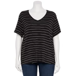 Plus Size Nine West Essential Soft Spun Short Sleeve V-Neck Top -Nine West shop 5233799 Black White Stripe