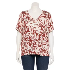 Plus Size Nine West Essential Soft Spun Short Sleeve V-Neck Top -Nine West shop 5233799 Brown Tropical Floral