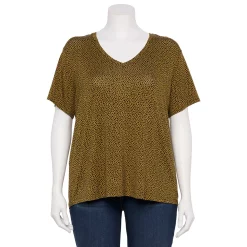 Plus Size Nine West Essential Soft Spun Short Sleeve V-Neck Top -Nine West shop 5233799 Cognac Cobble Dot