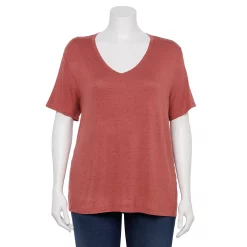 Plus Size Nine West Essential Soft Spun Short Sleeve V-Neck Top -Nine West shop 5233799 Mauve Jewel Nep