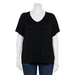Plus Size Nine West Essential Soft Spun Short Sleeve V-Neck Top -Nine West shop 5233799 Mineral Black