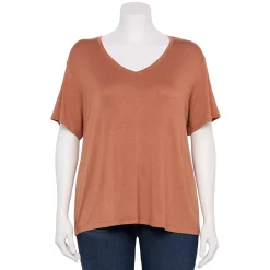 Plus Size Nine West Essential Soft Spun Short Sleeve V-Neck Top -Nine West shop 5233799 Mocha Frosting