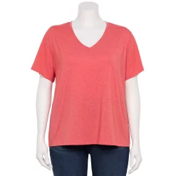 Plus Size Nine West Essential Soft Spun Short Sleeve V-Neck Top -Nine West shop 5233799 Sicily Tomato
