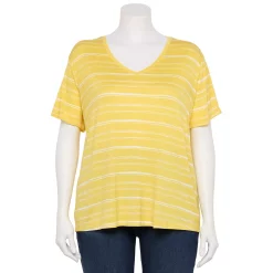 Plus Size Nine West Essential Soft Spun Short Sleeve V-Neck Top -Nine West shop 5233799 Yellow Stripe