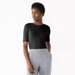 Women's Nine West Ribbed Fitted Elbow-Sleeve Tee -Nine West shop 5236177 Black