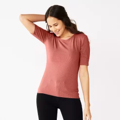 Women's Nine West Ribbed Fitted Elbow-Sleeve Tee -Nine West shop 5236177 Mauve Jewel
