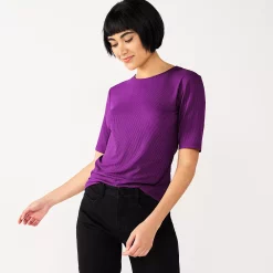 Women's Nine West Ribbed Fitted Elbow-Sleeve Tee -Nine West shop 5236177 Pansy Plum
