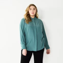 Plus Size Nine West Drapey Button Down Shirt -Nine West shop 5262413 Signature Green