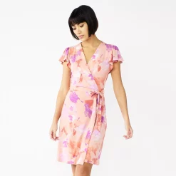 Women's Nine West Flutter Sleeve Wrap Dress -Nine West shop 5280249 Pink Watercolor Floral