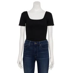 Women's Nine West Rib Short Sleeve Squareneck Bodysuit -Nine West shop 5290693 Black