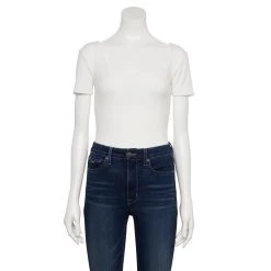 Women's Nine West Rib Short Sleeve Squareneck Bodysuit -Nine West shop 5290693 White