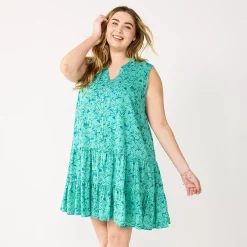 Plus Size Nine West Sleeveless Button-Front Tiered Drop Waist Dress 11 Plus Size Nine West Sleeveless Button-Front Tiered Drop Waist Dress -Nine West shop 5541789 Broken Leaves