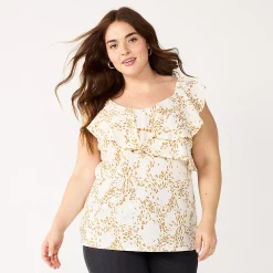 Plus Size Nine West Sleeveless Ruffle Detail Top -Nine West shop 5570041 White Waves