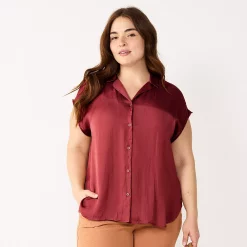 Plus Size Nine West Short Sleeve Easy Lapel Shirt -Nine West shop 5570557 Vintage Wine