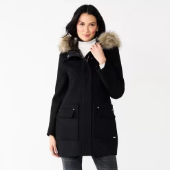 Nine West shop 26 Women's Nine West Faux-Fur Hood Quilted Duffle Coat