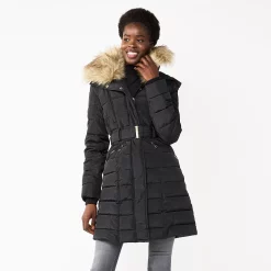 Women's Nine West Faux-Fur Collar Puffer Coat -Nine West shop 5578774 Black