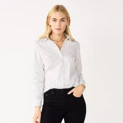 Petite Nine West Long Sleeve Structured Shirt -Nine West shop 5579645 Black White Stripe