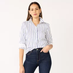 Petite Nine West Long Sleeve Structured Shirt -Nine West shop 5579645 Blue White Stripe