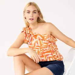 Women's Nine West One-Shoulder Ruffle Neck Top 11 Women's Nine West One-Shoulder Ruffle Neck Top -Nine West shop 5580827 Brown Abstract