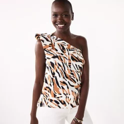 Women's Nine West One-Shoulder Ruffle Neck Top 10 Women's Nine West One-Shoulder Ruffle Neck Top -Nine West shop 5580827 White Brown Zebra