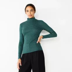Women's Nine West Long Sleeve Fitted Turtleneck Top -Nine West shop 5691570 Green Shine Stripe