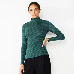 Petite Nine West Long Sleeve Fitted Turtleneck Top -Nine West shop 5693745 Green Shine Stripe