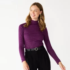 Petite Nine West Long Sleeve Fitted Turtleneck Top -Nine West shop 5693745 Plum Shine Stripe