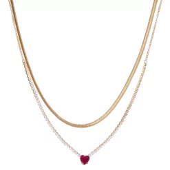Nine West Gold Tone Red & Clear Crystal Heart Double-Strand Necklace