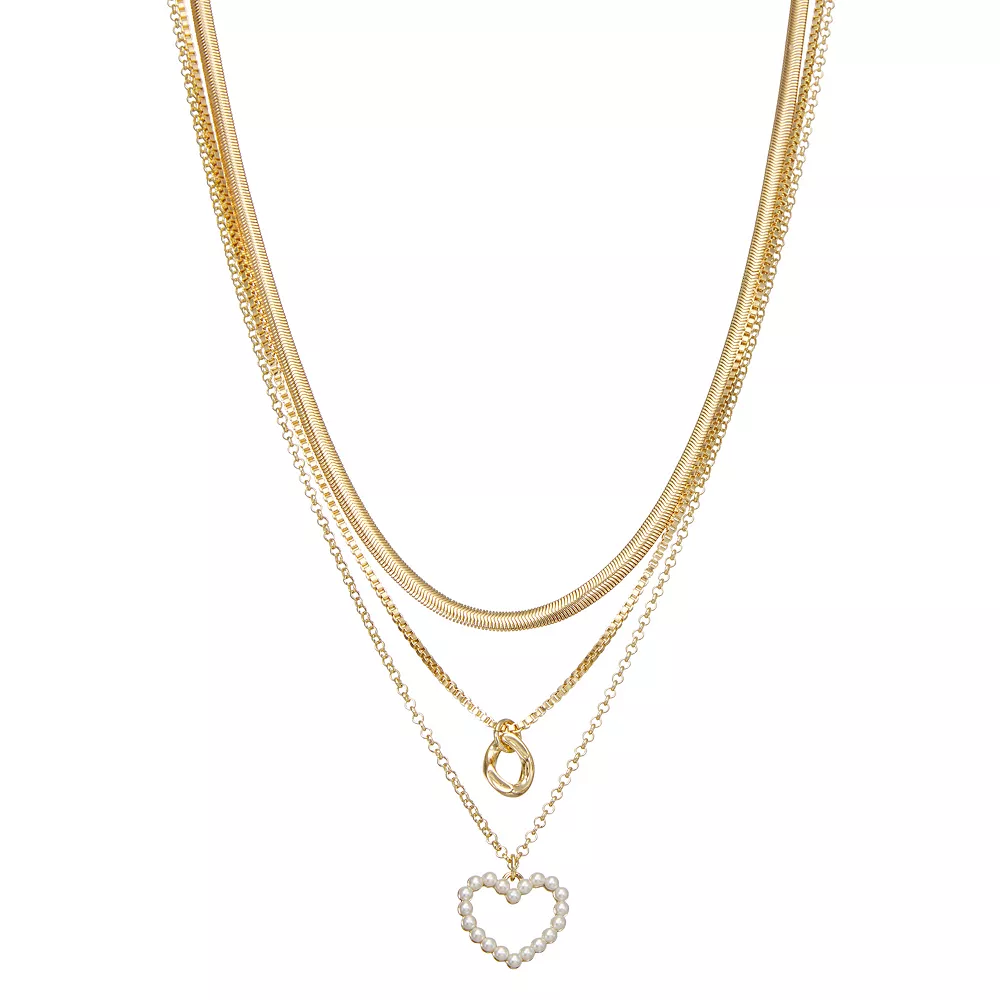 Nine West Gold Tone 3 Row Heart Necklace 3 Nine West Gold Tone 3 Row Heart Necklace