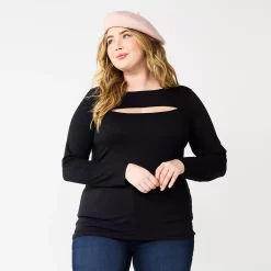 Plus Size Nine West Fitted Long Sleeve Cutout Top -Nine West shop 5815656 Mineral Black