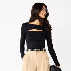 Women's Nine West Fitted Long Sleeve Cutout Top -Nine West shop 5817132 Mineral Black