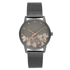 Nine West Women's Gray Stainless Steel Mesh Bracelet Watch with Flower Dial