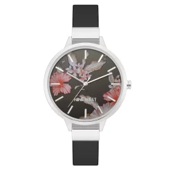 Nine West Women's Black Strap Watch with Flower Dial