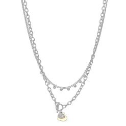Nine West Silver Tone Double Row Heart Charm Necklace