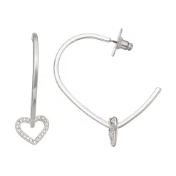 Nine West Silver Tone Heart Drop Hoop Earrings
