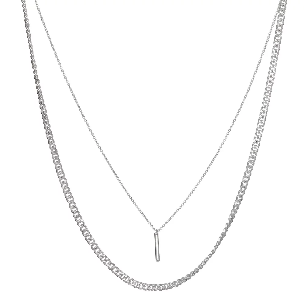 Nine West Silver Tone Layered Chain Bar Pendant Necklace 3 Nine West Silver Tone Layered Chain Bar Pendant Necklace