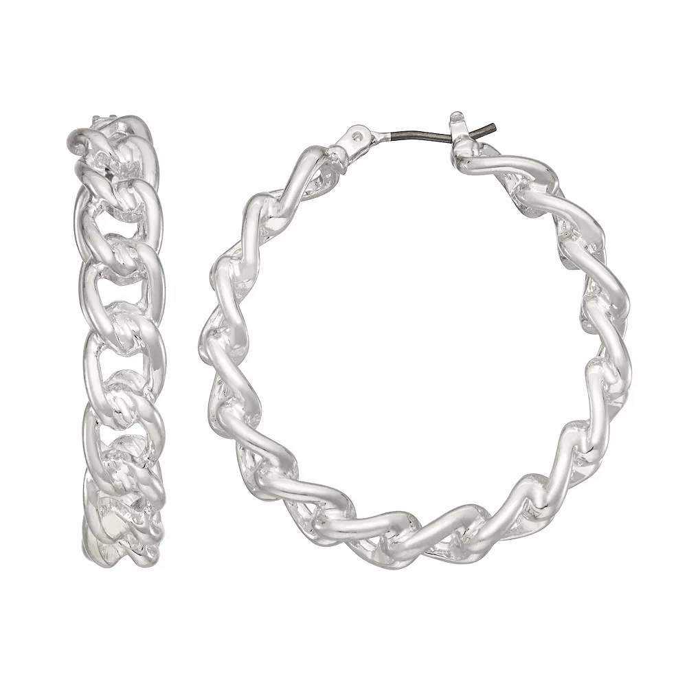 Nine West Silver Tone Chain Link Click-It Hoop Earrings 3 Nine West Silver Tone Chain Link Click-It Hoop Earrings