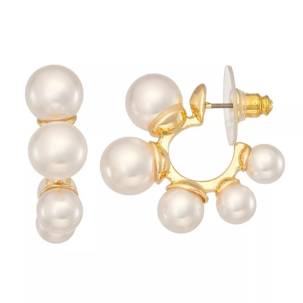 Nine West Gold Tone Triple Drop Simulated Pearl Hoop Earrings 3 Nine West Gold Tone Triple Drop Simulated Pearl Hoop Earrings