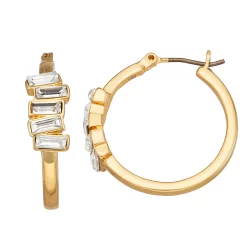 Nine West Gold Tone Crystal Baguette Cluster Hoop Earrings